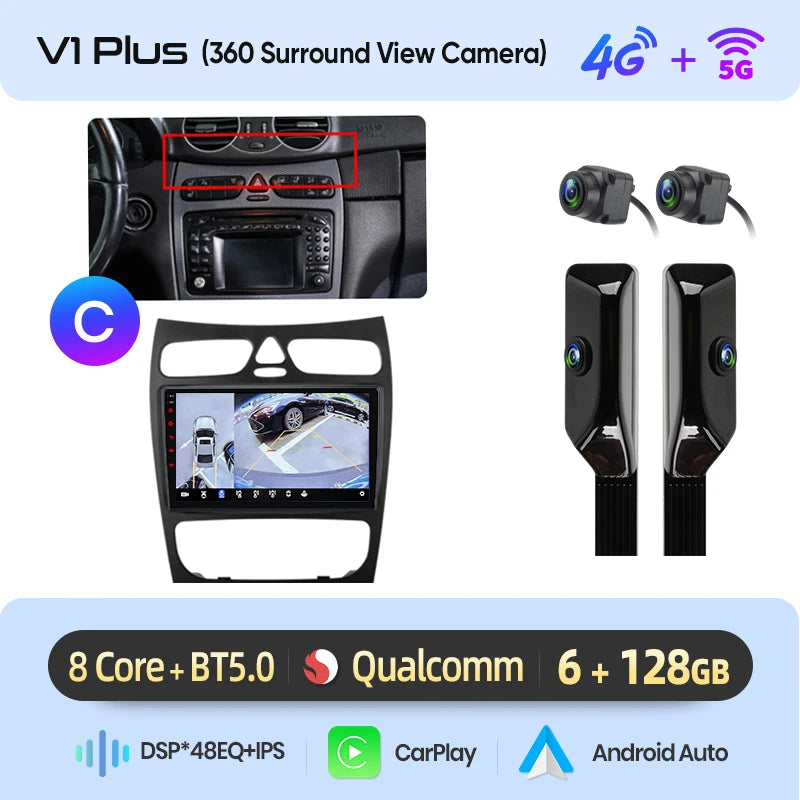 Junsun carplay android auto rádio do carro para mercedes benz classe c w203 c200 c320 c350 clk w209 2000-2005 multimídia inteligente 4g