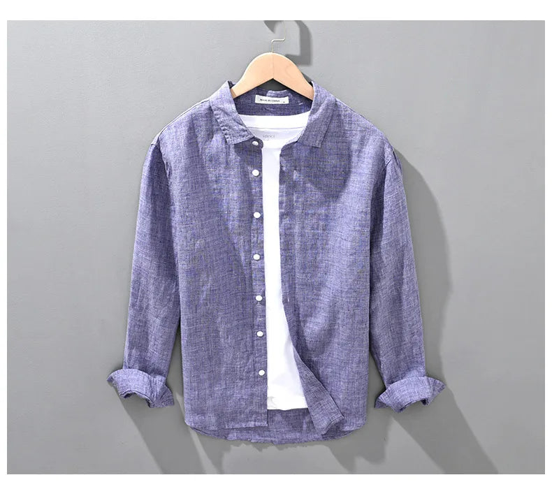 Camisa de linho respirável masculina, Top manga comprida, encaixe solto, Roupa extragrande, coreano sazonal