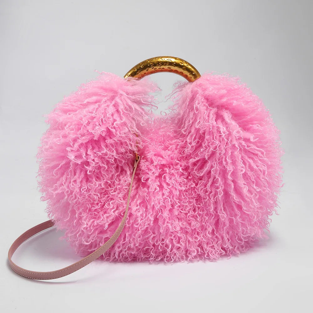 Moda feminina longa pele lã saco praia falso lã pele bolsa de ombro senhoras peles falsas bolsa luxo mongol ovelhas sacos de pelúcia