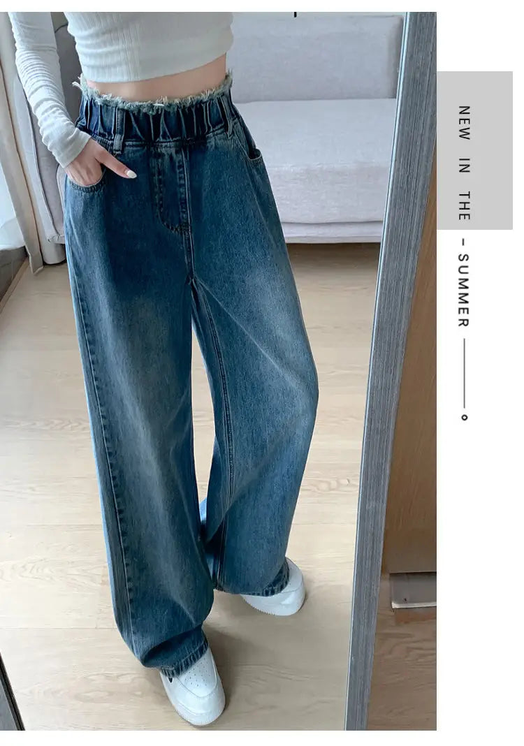 Calças jeans de tamanho grande femininas trilha reta perna larga solta cintura alta fina renda borla calças superiores