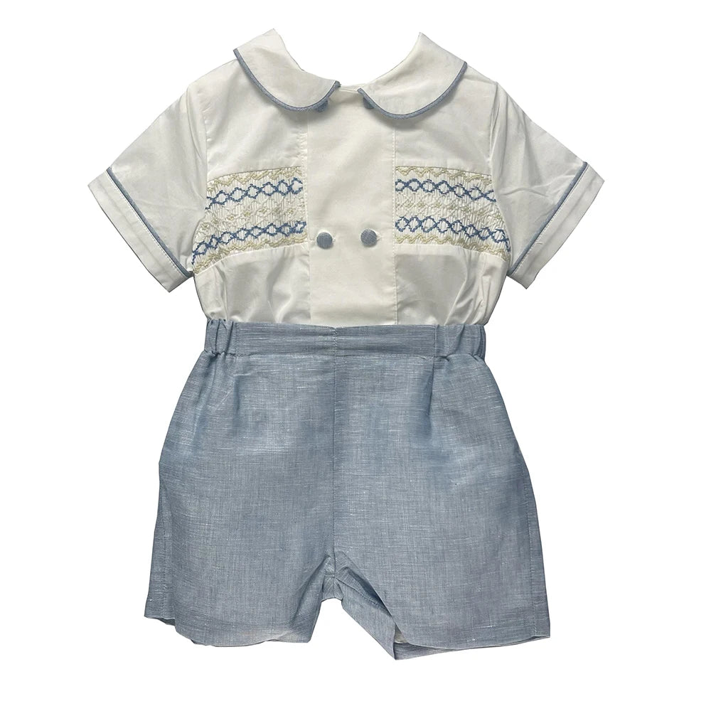 Roupa de boutique infantil, artesanal para menino, conjunto bordado, algodão azul, manga curta, roupa de irmãos, batizado, aniversário