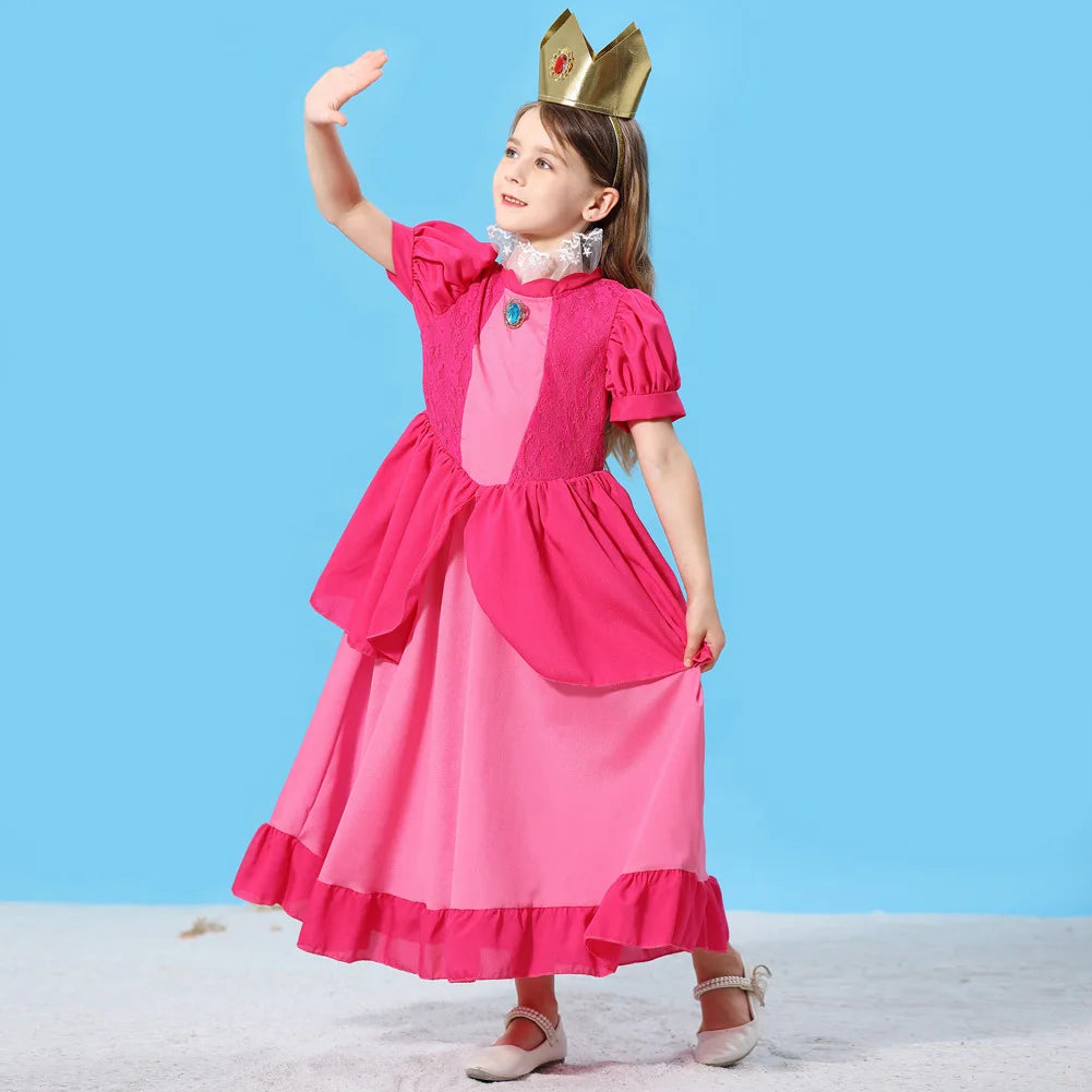 Pêssego rosalina vestido meninas margarida cosplay roupas crianças halloween vestir-se roupas de verão rendas applique princesa traje