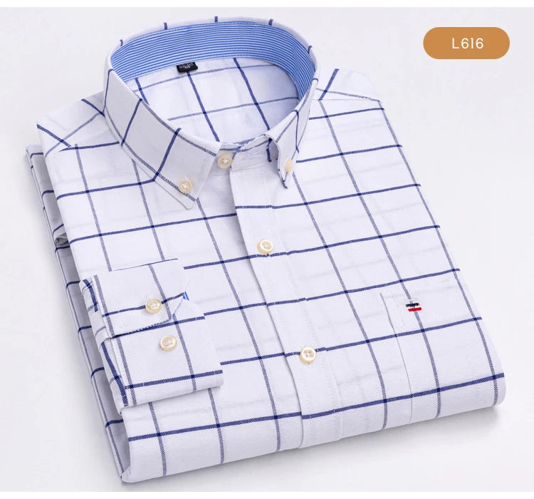 Camisas de vestido de algodão com design de gola de lapela listrada xadrez na moda masculina, camisa casual de manga comprida com botões para primavera/outono
