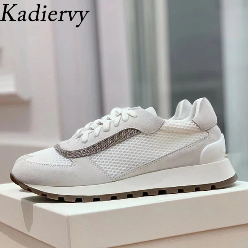 Sapatos casuais mulher dedo do pé redondo corrente corda grânulo conforto tênis de corrida senhoras camurça vaca retalhos rendas até tênis planos