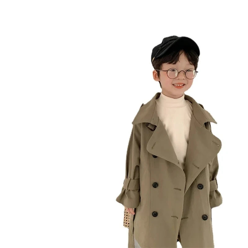 Casaco de manga comprida infantil, jaqueta de meninos e meninas, sobretudo, gola virada para baixo, corta-roupas, primavera, outono, 2 a 10 anos