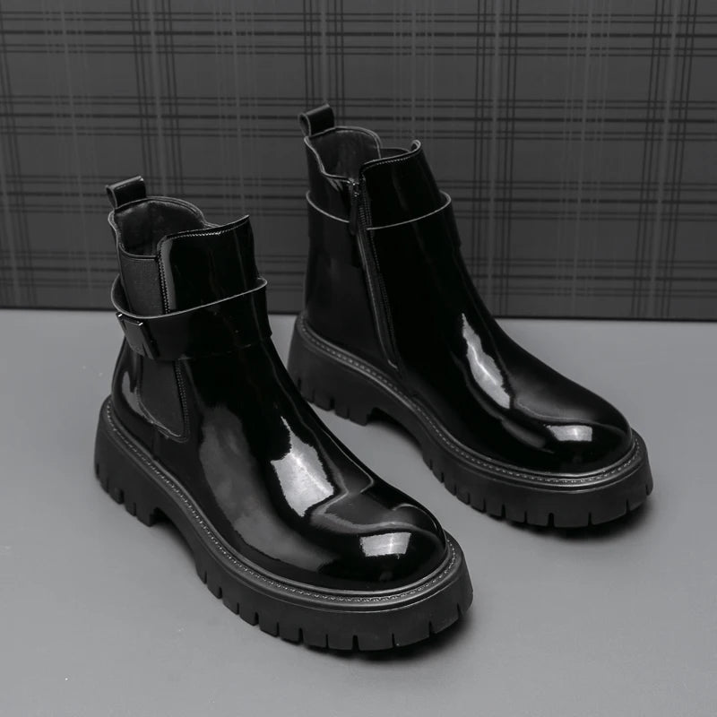 Botas masculinas de couro envernizado, de alta qualidade, superfície brilhante, confortável, sola grossa, cano alto, marca de moda, antiderrapante, chelsea