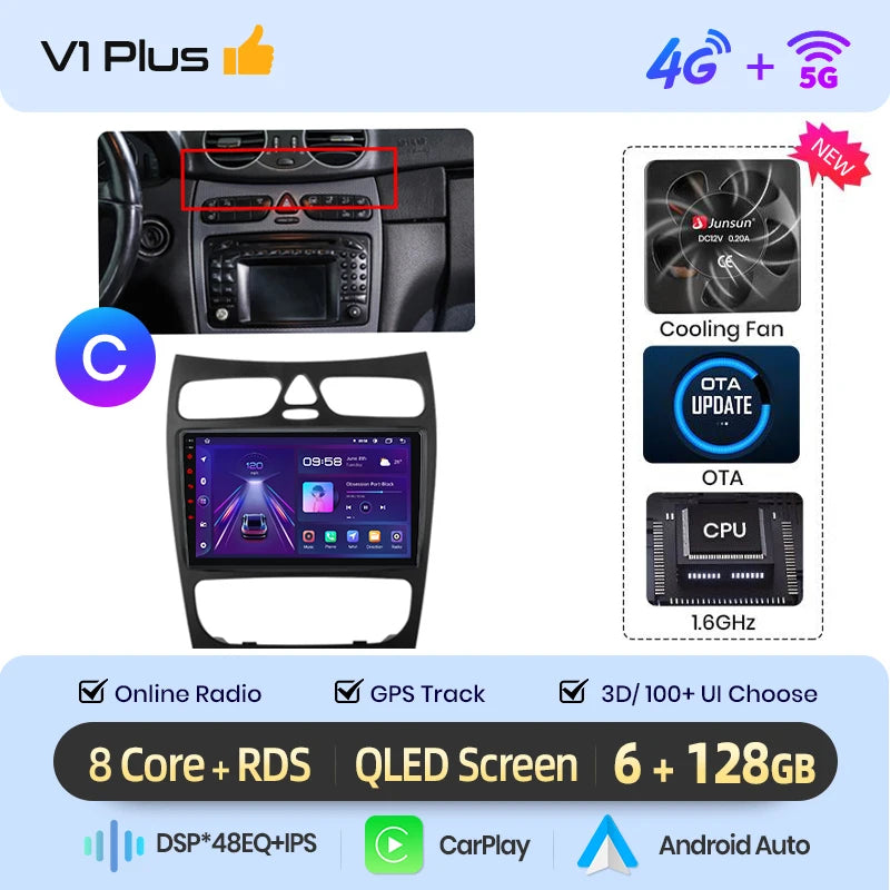 Junsun carplay android auto rádio do carro para mercedes benz classe c w203 c200 c320 c350 clk w209 2000-2005 multimídia inteligente 4g