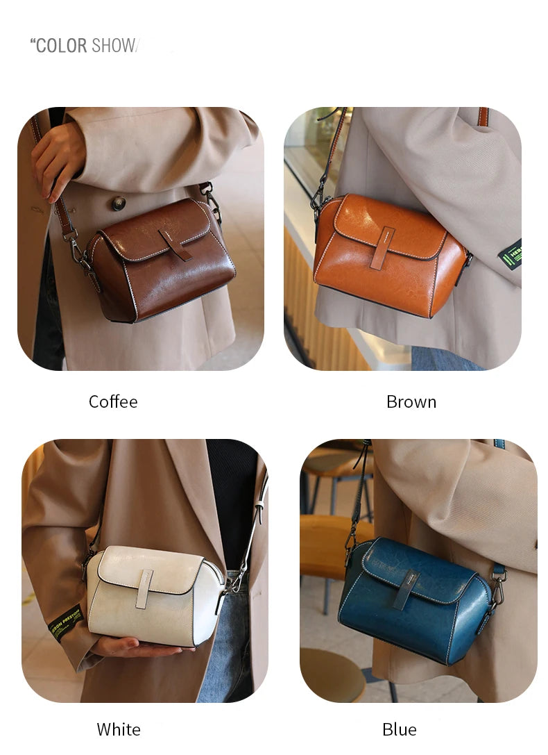 Bolsa transversal pequena de couro legítimo com acabamento em cera de óleo para mulher, bolsa fashion versátil em formato de concha, bolsa casual para celular.