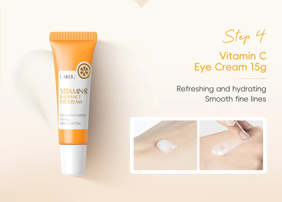Laikou vitamin c conjunto de cuidados com a pele iluminando 5 pçs kit mesmo tom da pele suave rugas apertar poros limpador toner soro creme para os olhos