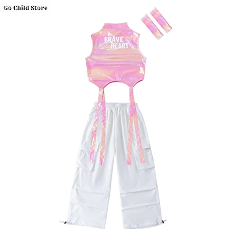 Meninas k-pop brilhante colheita superior calças de carga shorts de dança de rua crianças hip hop jazz conjuntos de roupas crianças streetwear menina grupo traje