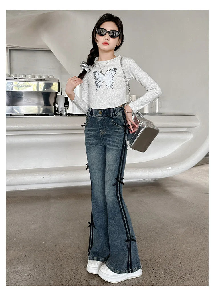 Crianças inverno fino ajuste bootcut flanela forrado jeans para meninas elegante isolado queimado calças jeans crianças calças térmicas quentes