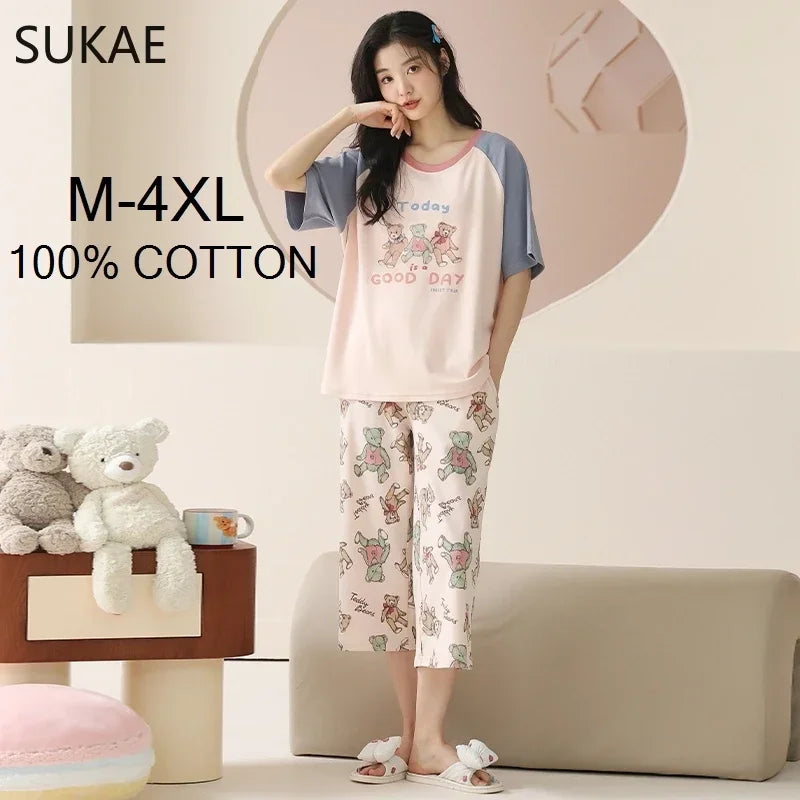 SUKAE-Conjunto de Pijamas dos desenhos animados das mulheres, 100% algodão, calça curta na altura do joelho, pijamas, capris loungewear, pijamas de verão, M-4XL