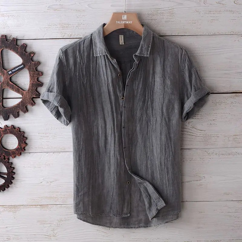 Camisa de Linho de Manga Curta para Homens, Camisa Casual Solta e Fresca de Verão em Cores Sólidas, Estilo Retro Japonês