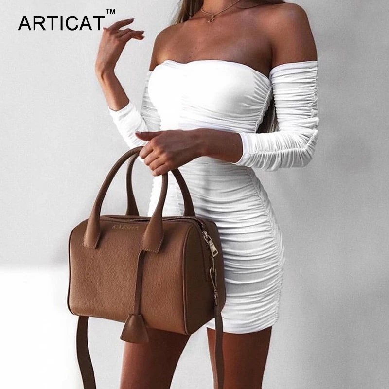 Articat feminino outono inverno bandage vestido feminino 2022 sexy fora do ombro manga longa magro elástico bodycon vestidos de festa