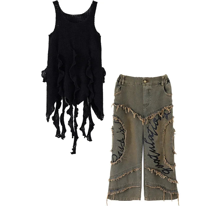 Conjunto de regata e jeans infantil Wasteland Street Dance de malha, moletons de hip hop, roupas de jazz, roupas punk, meninos e meninas