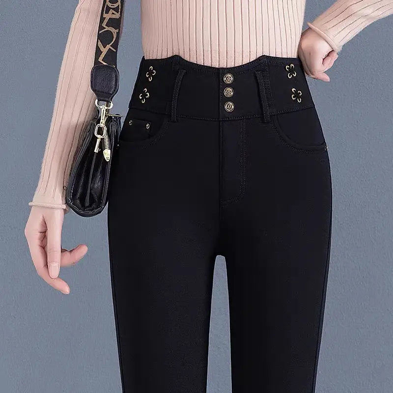 Jeans coreano elástico de cintura alta com pelúcia ártica, zíper de botão monocromático, calça lápis reta preta, moda fina, outono e inverno, nova