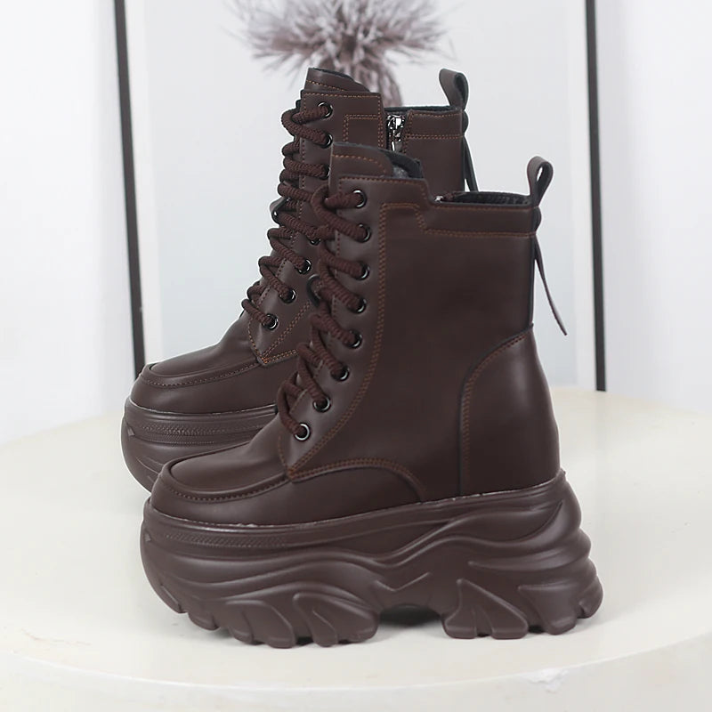 12cm outono plataforma botas de tornozelo feminino sapatos grossos rendas tênis mulher botas de couro sapatos de caminhada