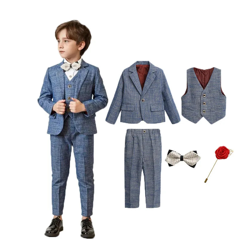 Meninos 5 peças/set jaqueta colete calças broche bowtie fotografia terno crianças formal festa de aniversário casamento smoking conjunto crianças blazer