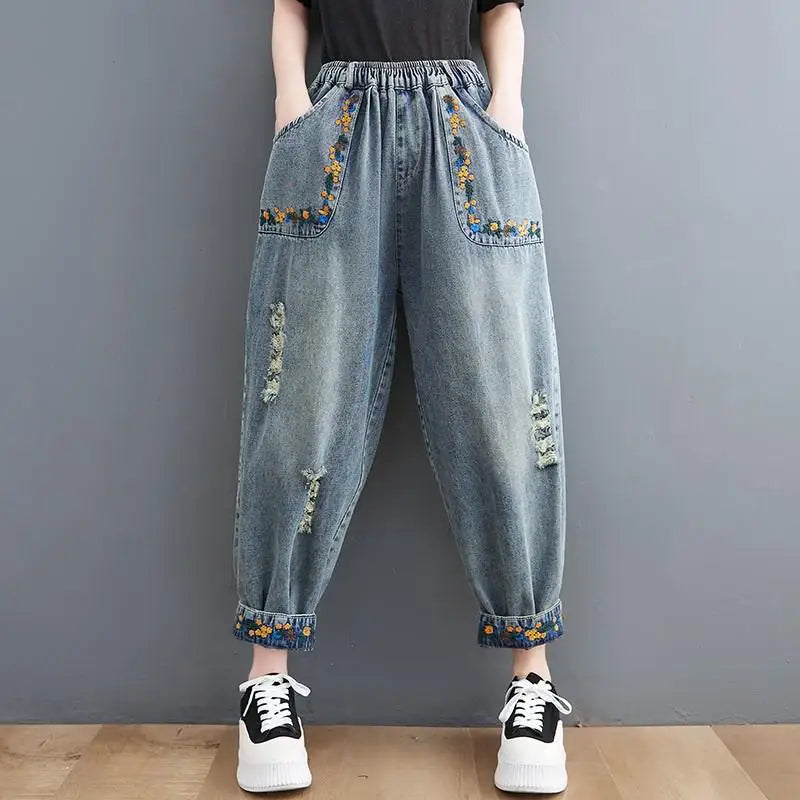 Jeans de namorado de cintura alta para mulheres, streetwear vintage, básico bordado floral, calças jeans femininas harém, novo, primavera, B3782, 2024