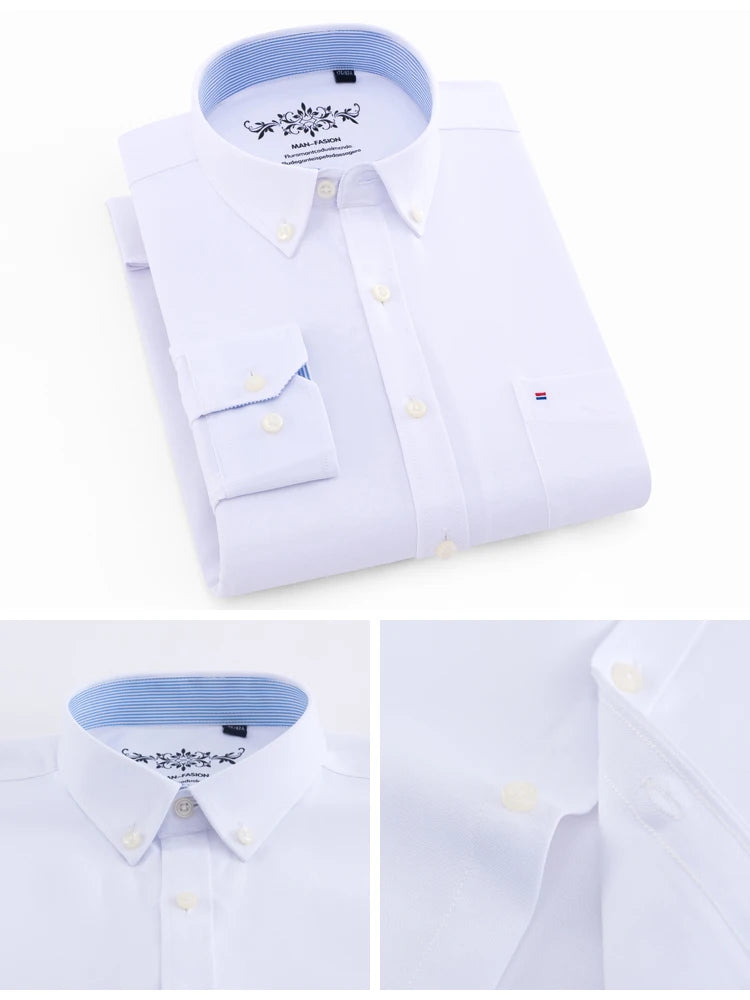 Camisa casual de trabalho listrada xadrez oxford de manga comprida masculina com bolso, camisas de botão de ajuste regular de mistura de algodão primavera outono