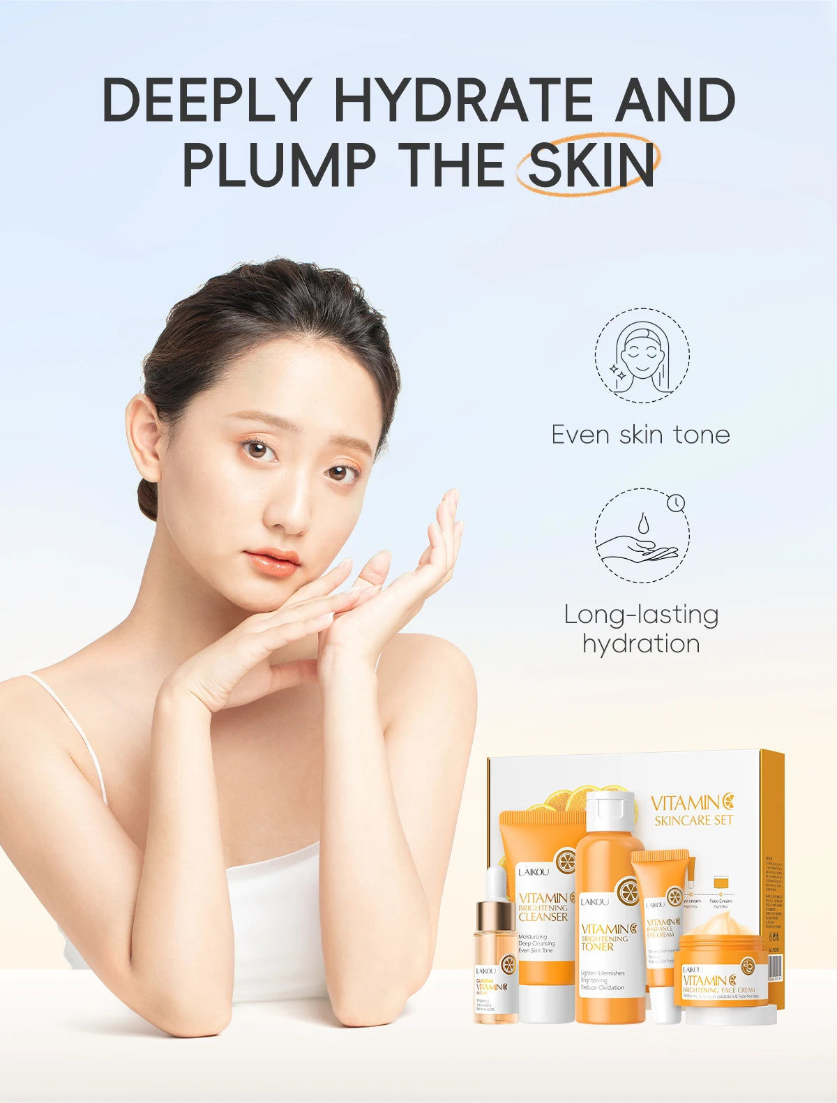 Laikou vitamin c conjunto de cuidados com a pele iluminando 5 pçs kit mesmo tom da pele suave rugas apertar poros limpador toner soro creme para os olhos
