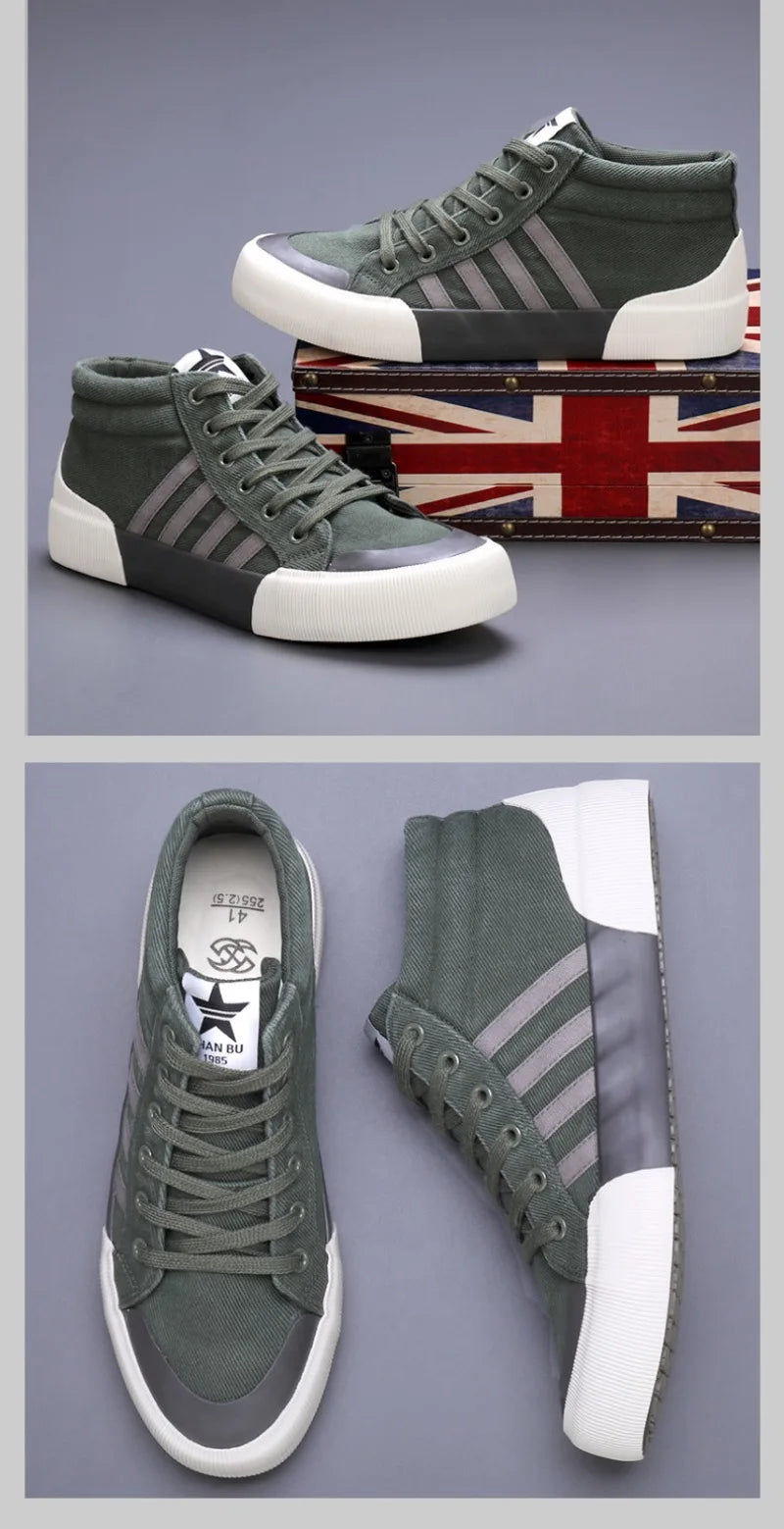 Sapato de lona respirável casual masculino, tênis de cano alto, sapato vulcanizado com renda, sapatilha antiderrapante, na moda
