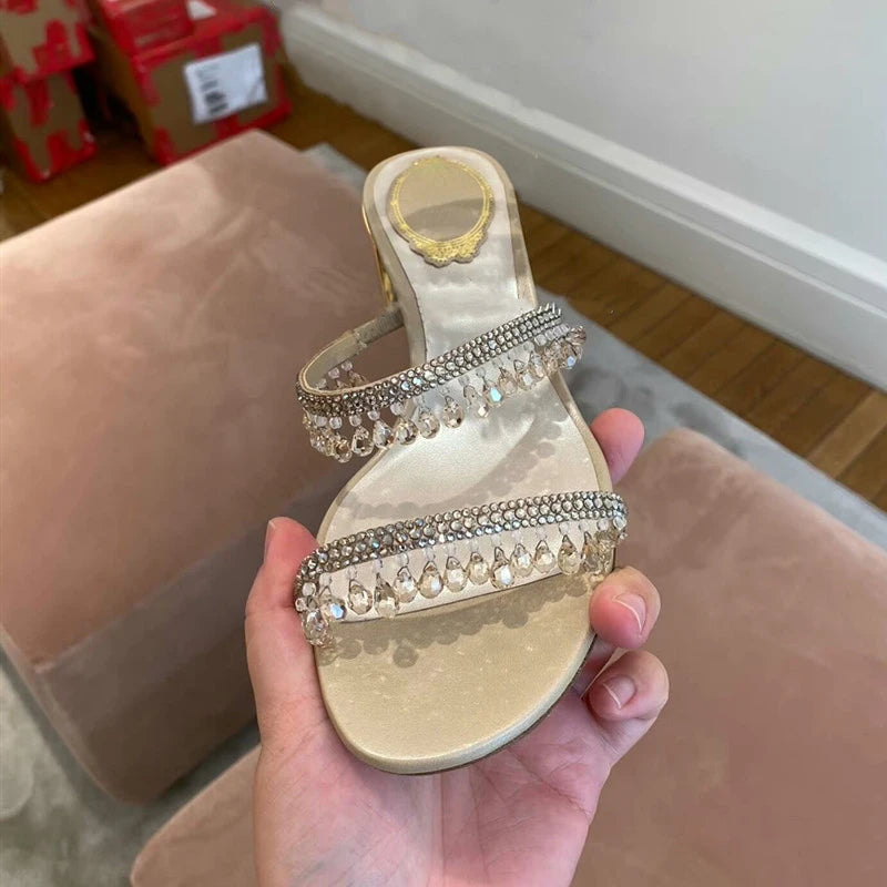 Sandálias de strass para mulheres, salto de bloco, cristal, Open Toe, salto médio, novo, verão, 2024