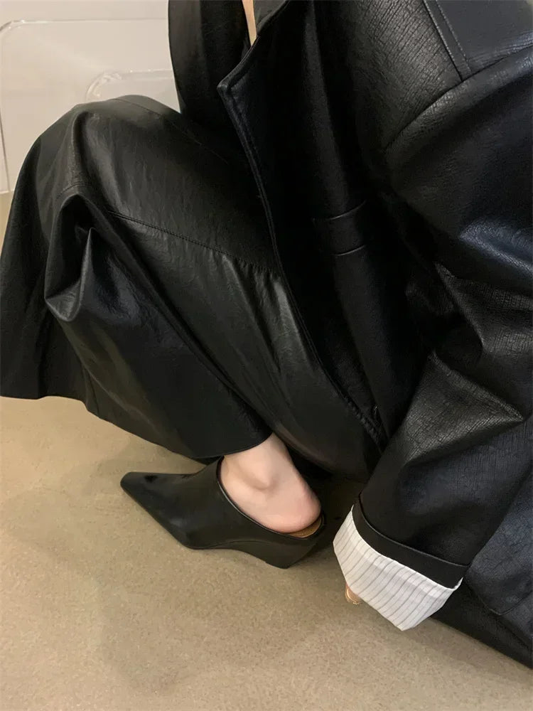 2024 europeu americano baotou metade feminina de couro macio inclinação salto alto legal moda outwear grosso preguiçoso muller sapatos