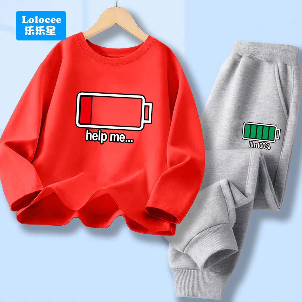 Outono criança menino manga longa 2 pçs conjunto de roupas crianças engraçado bateria carta impressa camiseta pulôver topo e calças fatos de treino dcw1