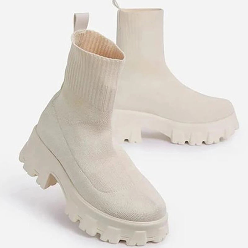 Botas femininas botas de plataforma elástica respirável primavera verão saltos botas mujer deslizamento em botas de tornozelo mulher elegante sapatos de salto