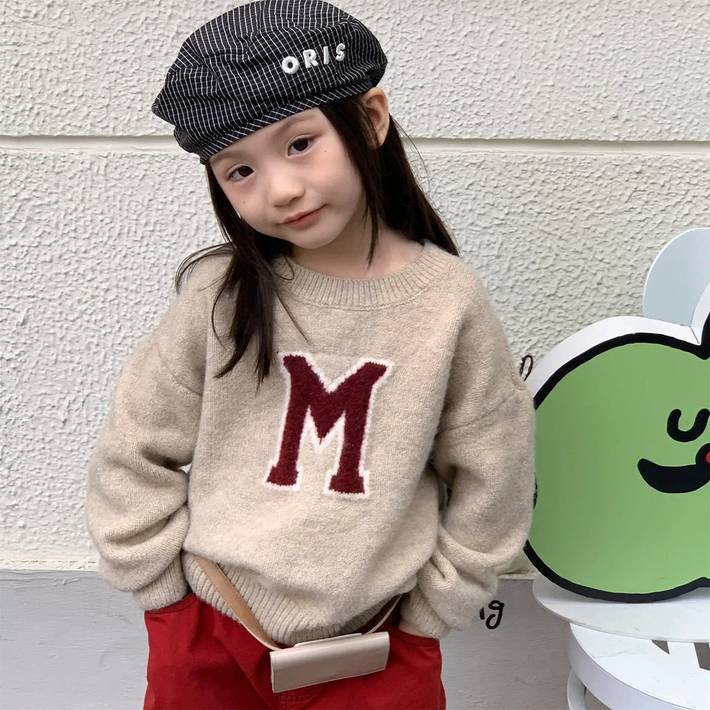 2025 outono novas crianças camisola de manga longa meninos malha topos moda carta padrão meninas camisola casual algodão crianças roupas