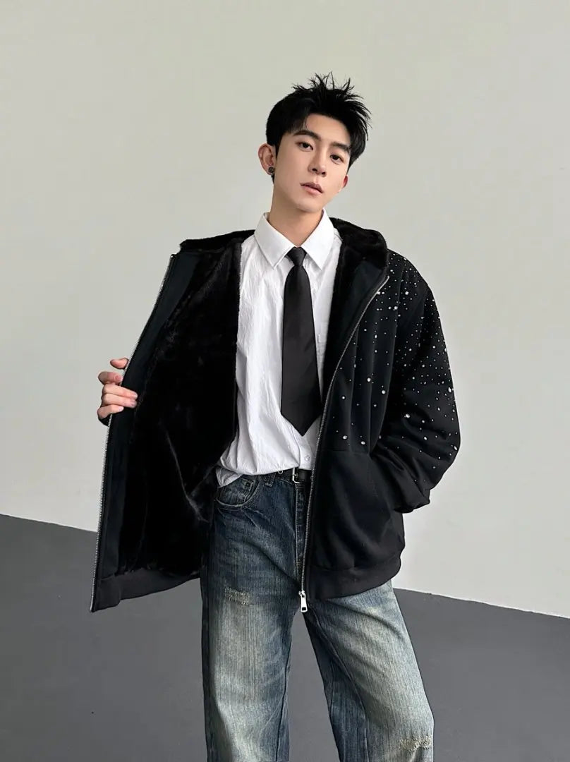 Thiened Fce Cardigan com capuz e zíper moletom masculino Faion Urban Sle outono inverno peso pesado diamante embelezado Ja...