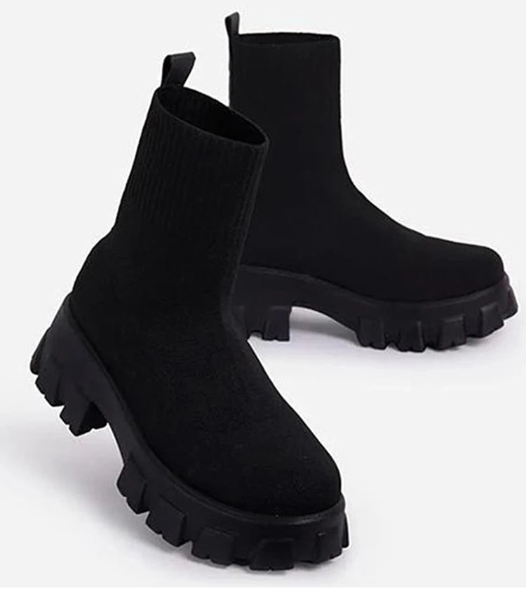 Botas femininas botas de plataforma elástica respirável primavera verão saltos botas mujer deslizamento em botas de tornozelo mulher elegante sapatos de salto