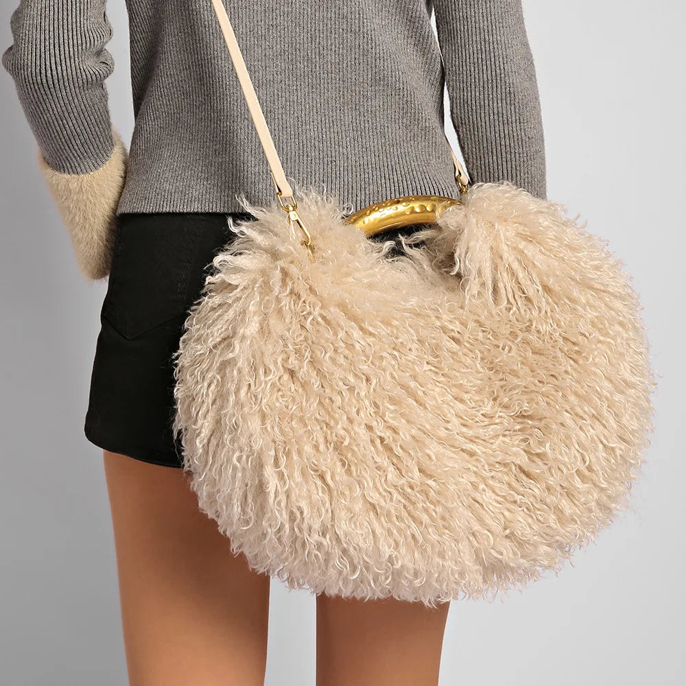 Moda feminina longa pele lã saco praia falso lã pele bolsa de ombro senhoras peles falsas bolsa luxo mongol ovelhas sacos de pelúcia