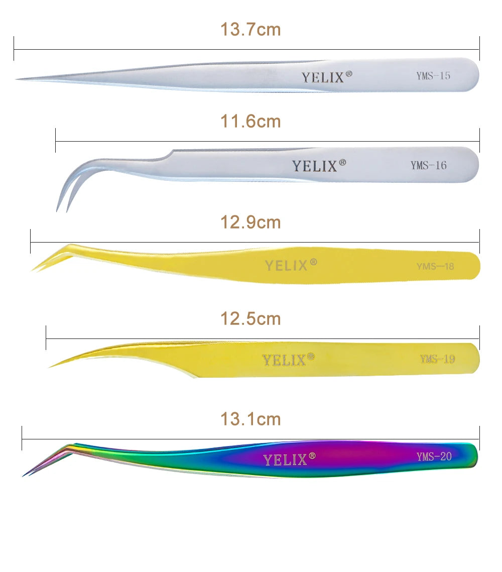 Yelix-pinça profissional de pestanas, aço inoxidável, clássico, volume dourado, para extensões de pestanas