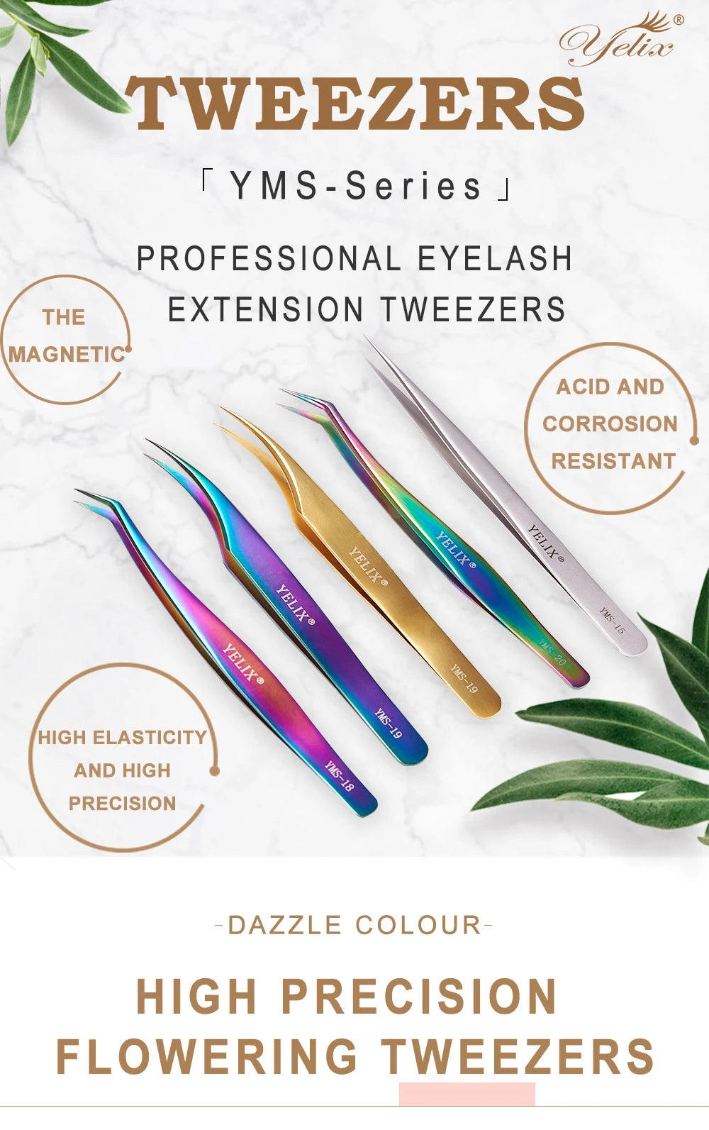 Yelix-pinça profissional de pestanas, aço inoxidável, clássico, volume dourado, para extensões de pestanas